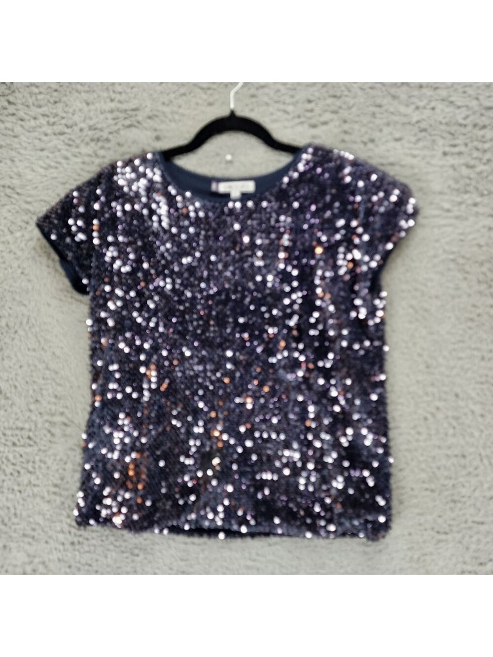 Jennifer Lopez Shirt Womens Small Blue Shiny Sequin Short Sleeve Blouse